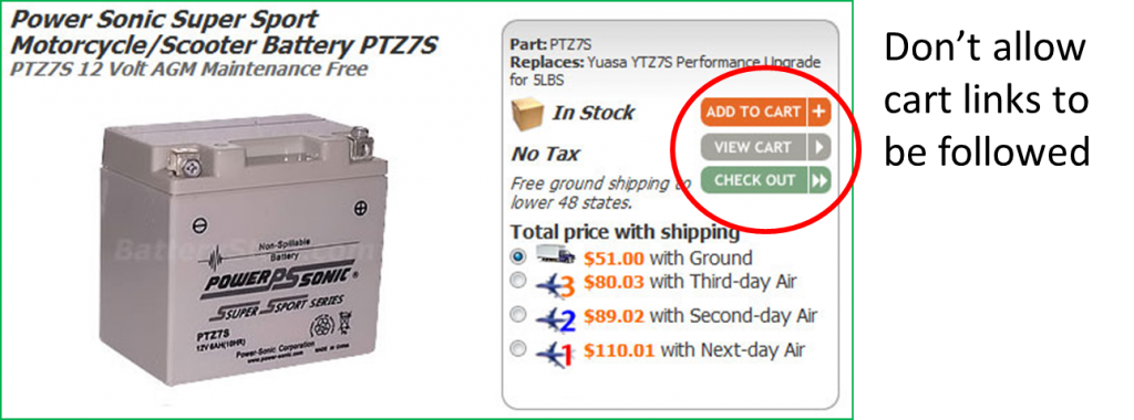 Don't let search engines spider shopping cart links.