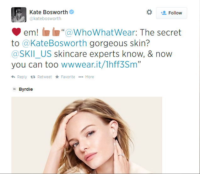 Kate Bosworth uses SKII skincare products.