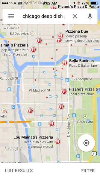 How a search for Chicago pizza looks on a mobile device.