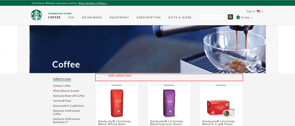 No content on the coffee category page to explain where the customer should go next.