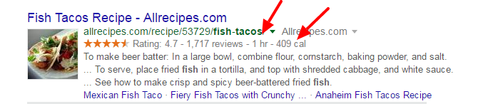 Recipe Shows Time and Calories in search results
